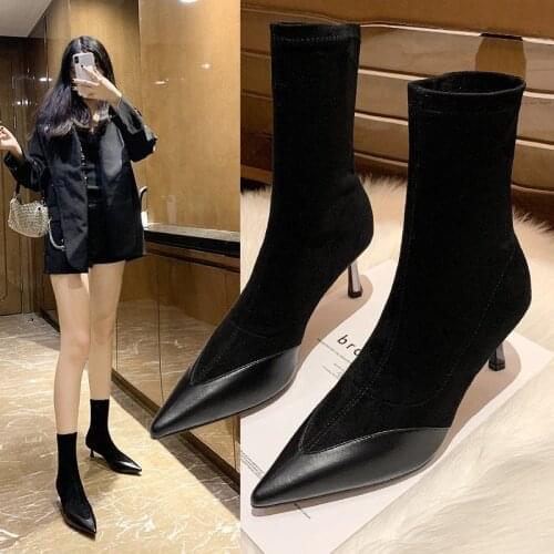 Pointed Toe High Heeled Short Boots,Woman Fashion Ankle Boot,Womens Winter Warm Shoes, Thin Heel Female Booties, Black
