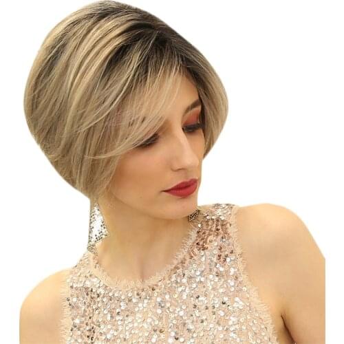 10'' Women Short Straight Wig Side Part Human Hair Ombre Blonde Wigs