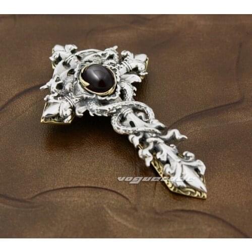 Dragon Twine Brass Cross Black CZ 925 Sterling Silver Mens Biker Pendant 8X004 Just Pendant