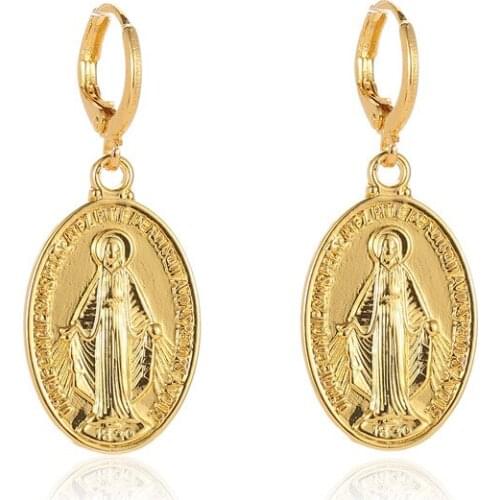 1Pair Retro Vintage Virgin Mary Hoop Earring for Women Jewelry European Gold Silver Color Round Earrings Couple Lover Gift E367