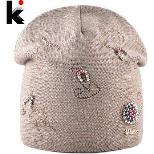 Winter Knitted Hats For Women New Fashion Beanie With Cute Rhinestone Pearls Cats High Quality Cap Ladies Knit Skullies Bonnet