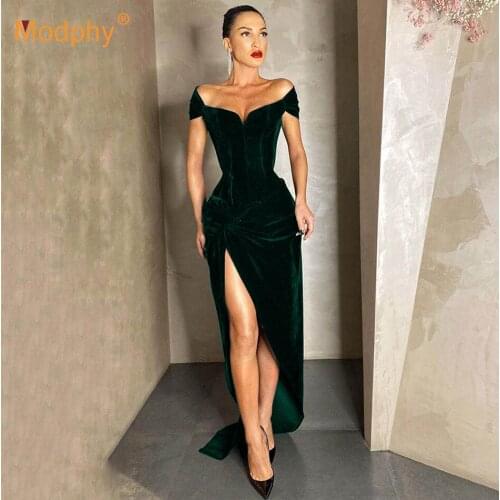 Blue Elegant Velvet Long Skirt Sexy Off-Shoulder Bodycon Split Dress Celebrity Evening Party Runway Vestidos 2021 Fashion New