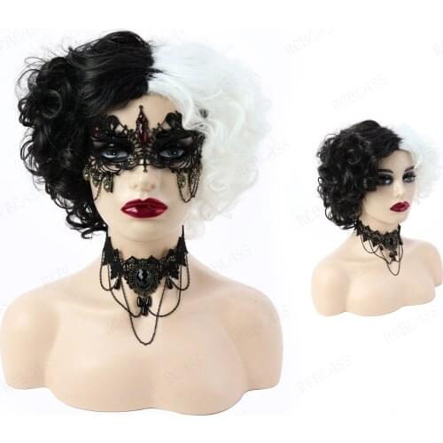 Rebcass Synthetic Half Black Half Withe Movie Curella Hundred Small Short Curly Cosplay Wig Caps For Women