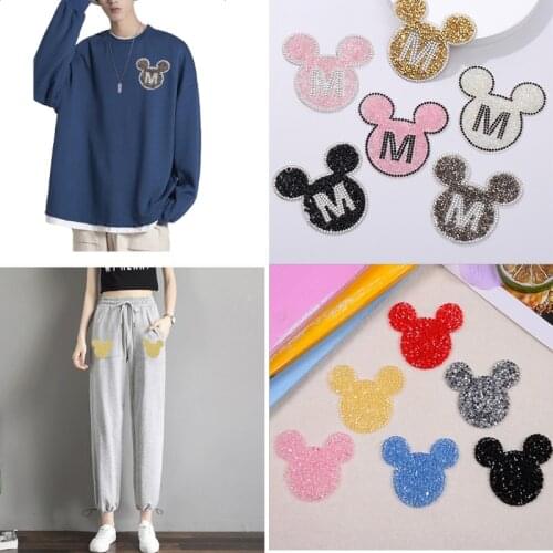 Mickey Mouse Cloth Patch Disney Minnie Sew Iron Diamond Bling Clothes Stickers Cartoon Letter DIY Applique Garment Decoration