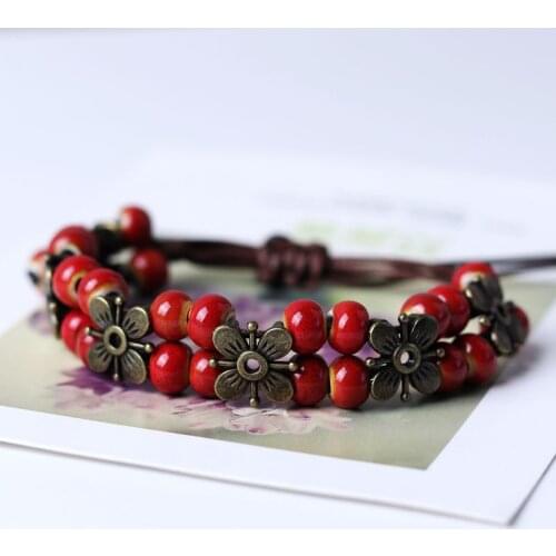 Ethnic Style Vintage Beautiful Ceramic Beads Bracelet National For Women Handmade Woven Adjustable Bracelets Student Jewelry