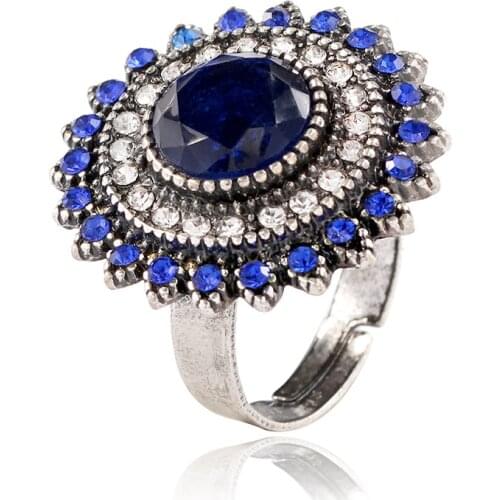 Vintage Antiqued Gold/Silver Color Royal Blue Rhinestone Sunflower Shaped Chunky Adjustable Rings for Women Men Fashion Jewelry