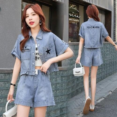 Women Denim Sets Summer 2021 New 2 Piece Set Solid Short Sleeve Coat + Shorts Jeans Sets Office Lady Elegant Female Denim Suits
