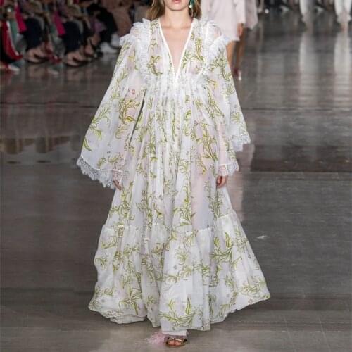 Runway Designers Dress 2021 Bohemian V-neck Long Sleeve Floral Printed Long Dresses for Women Summer Chiffon Robe Longue