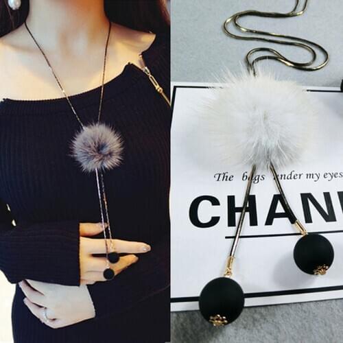 Women Ladies Winter Necklace Long Jersey Sweater Chain Fur Pompom Pendant Necklace Jewelry Accessories Gift For Girls