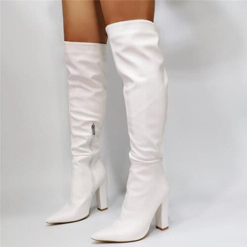 Winter New Woman Fashion White Color Over The Knee Boots Pointed Toe Chunky Heels Thigh High Long Leather Boots Plus Size 45