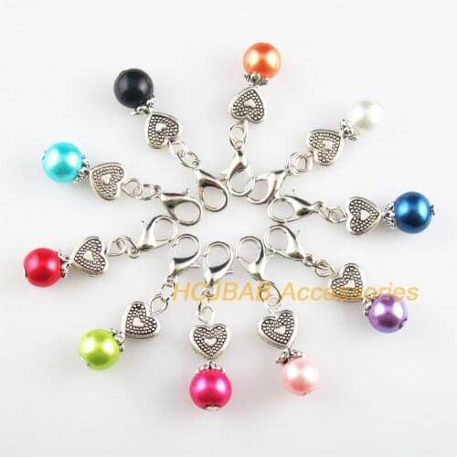10 New Heart 9x21mm Charms Mixed Ball Glass Tibetan Silver Plated Retro With Lobster Claw Clasps