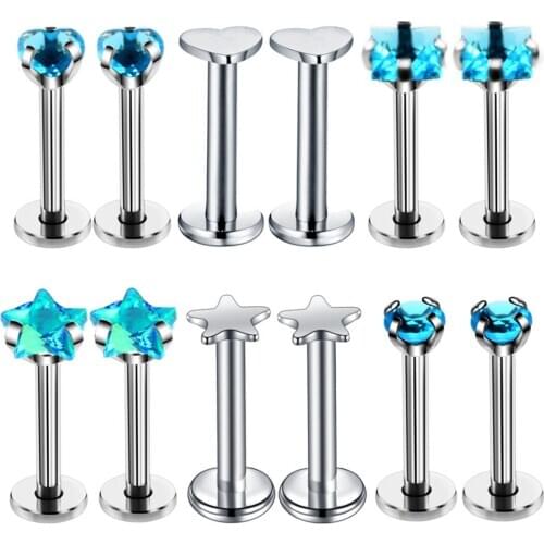 12pcs/set Crystal Heart Star Labret Piercing Lip Ring Punk Women Round Square Geometric Cartilage Piercing Body Piercing Jewelry