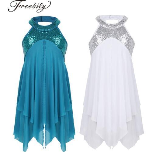 Girls Teens Halter Sequin Backless Ballet Dance Leotard Dress Kids Lyrical Contemporary Dance Costume Gymnastics Leotard