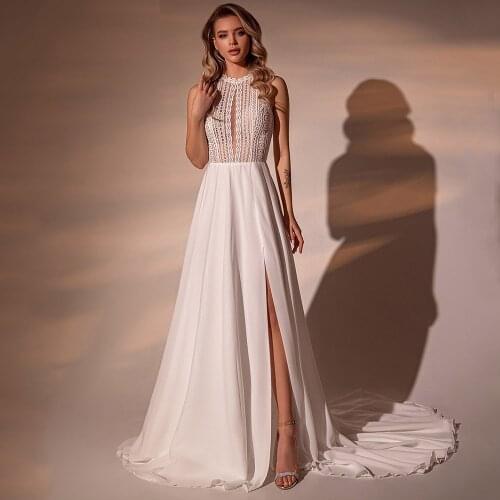 Boho A-Line Side Slit Wedding Dress 2021 O-Neck Sleeveless Court Train High Quality Chiffon Bridal Gowns Vestido De Novia