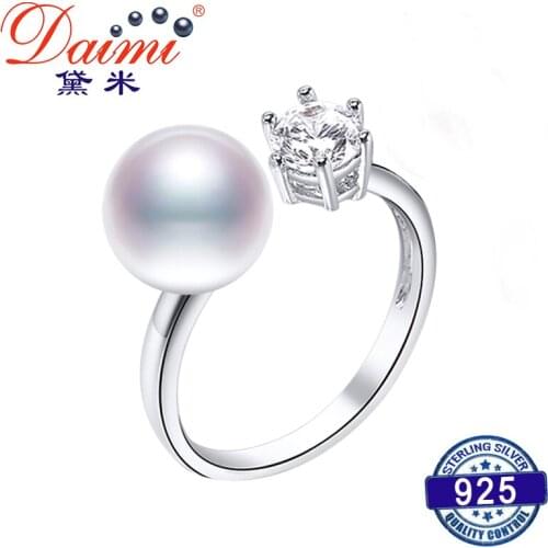 DAIMI 925 Silver Ring 8-9mm Cultured Pearl Ring Trendy Style Cute Jewelry
