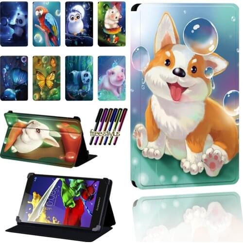Animal Pattern Case for Lenovo Tab 2 A7/A8/A10-70/Tab 3/Tab 4 Tablet Pu Leather Foldable Dust-proof Case Shell + Stylus