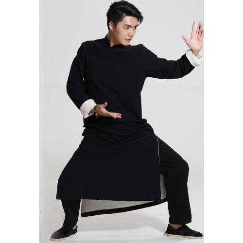 Black Chinese Men Crosstalk Sketch Storytelling Performance Clothing Long Cotton Dress Robe Gown Two Side Kung Fu Tai Chi Tops