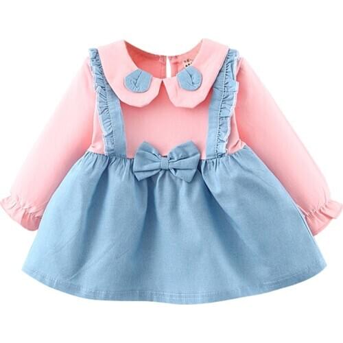 Children Baby Clothes Clothing Outfit Doll Collar Bowknot Stitching Suspenders Sweet Long Sleeve Kids Girls Dress Hot Sale