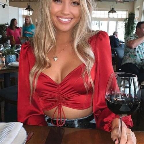 Tshirt Vintage Punk Clothing Tee Red Long Sleeve Crop Tops Women Sexy Low Cut Ladies Tee Shirts Stretch Slim Shirt Top Clothes