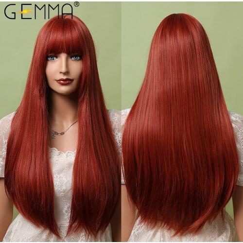 GEMMA Long Ginger Straight Synthetic Wigs with Bangs Red Natural Hair Cosplay Wig for Women High Temperature Natural Fake Hair