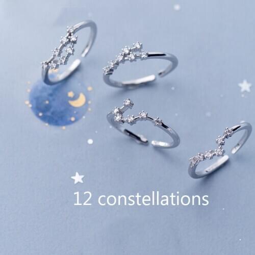 12 Zodiac Sign Constellation Rings CZ Opening Fashion Jewelry Pure Silver Color Finger Ring Women Best Birthday Gift Wedding