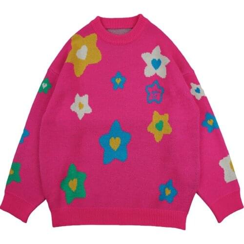 Harajuku Fashion Knitted Women Couple Men Sweater Flower Student Sweater Coat Loose Retro Hit Color Pullover Sweater