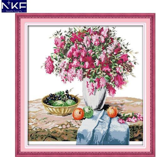 NKF The Azalea Vase and Fruit Cross Stitch Handmade Cross Stitch DIY Kit Needlework Cross-stitch Embroidery Kit for Home Decor