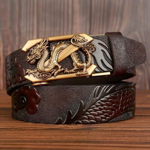 New High Quality Handmade Men Waistbands Dragon Pressed Cowskin Straps Male Designer Ratchet Belts Genuine Leather Men Belt