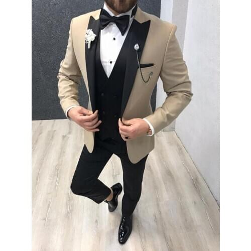 New Style Men Suits Beige and Black Groom Tuxedos Peak Lapel Groomsmen Wedding Bridegroom ( Jacket + Pants + Vest + Tie ) D137
