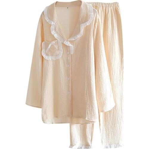 Ladies Spring Autumn New Cute Elegant Pajamas Set Lace Turn-Down Collar Solid Color Full Sleeve+Pants 2Pcs Household Sleepwear