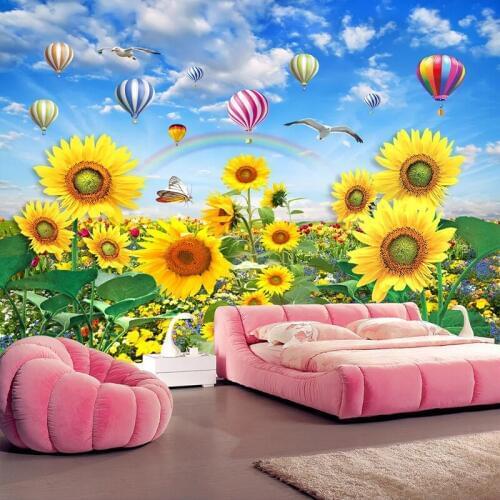 Custom 3D Photo Wallpaper Blue Sky White Clouds Hot Air Balloon Sunflower Wall Mural Self Adhesive Wallpaper For Bedroom Walls