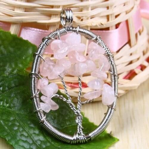 Pink Crystal Quartz Jewelry Tree Of Life Tumbled Stone Healing Reiki Silver Color Pendant For Women Necklace