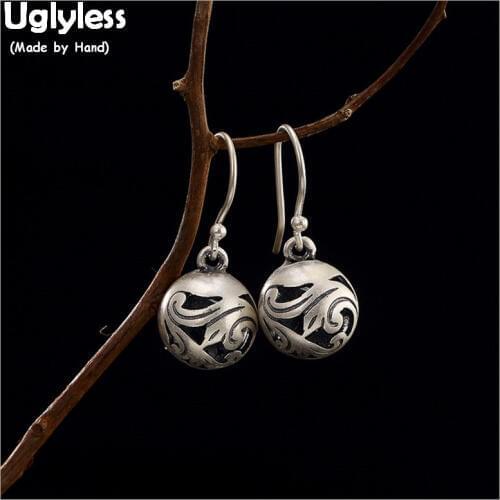 Uglyless Genuine Solid 990 Fine Silver Jewelry Handmade Ball Hollow Earrings for Women Ethnic Thai Silver Vines Earrings Exotic