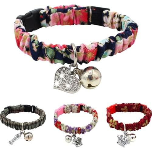 Dog Cat Decor Retro fabric Cat Collar With Bell Elastic Pet Collar with Wrinkle Flower Small Dog Chain Tag Pet Supplies