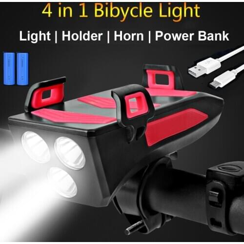 LED Bicycle Front Lamp Multi-function 4 in 1 Bike Bicycle Light T6 bicycle Headlight USB Rechargeable Flashlight Bike Light