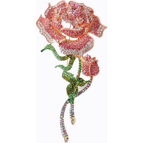 Big Size Rose Flower Brooch For Women Wedding Jewelry Pink Crystal Brooches Bijuterias Fashion Ivy Leaf Pin Brooch