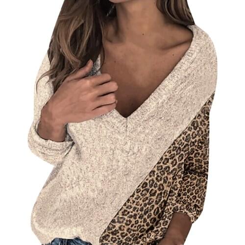 Womens Summer Tops European and American Long Sleeve Sexy Splice Leopard V-neck Undefined Women Tops T-shirt Oversize