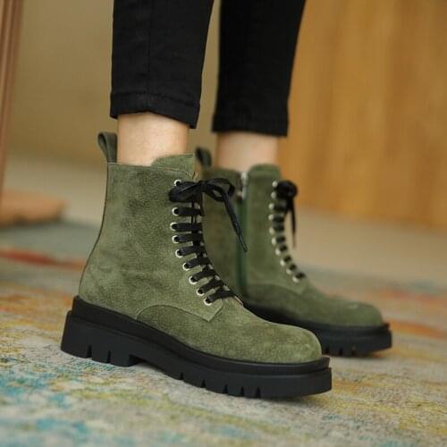 QZYERAI 2021 Women Motorcycle Boots Genuine Leather Shoes Woman Cow Suede Rubber Boots Female Non-slip Soles Flat with Shoes