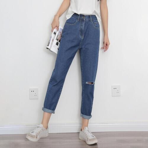 Women Spring Summer Hole Stretch Trousers Zipper High Waist Loose Jeans Denim Harem Pants 2020