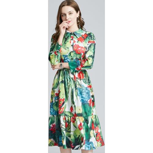 WTIANYUW 2021S New pring Fashion High Quality Fashion Printed Floral Green Elegant Party Women Mid-Long Dress