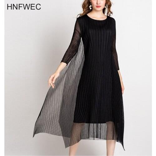 2019 New Spring Summer Round Neck Long Sleeve Black Mesh Split Joint Pleated Temperament Dress Women Fashion Tide Q208