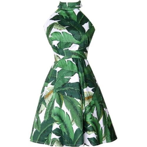 Women Summer Fashion Casual Retro Green Leaf Printing Dress Ladys Plus Size 3XS-10XL Sexy Halter Vintage A Line Mini Dresses