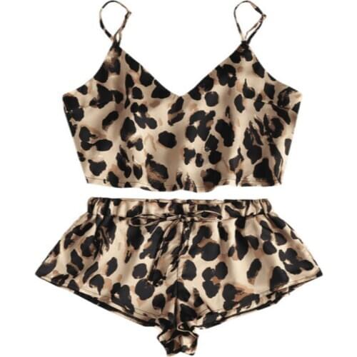 2020 cheap stuff kaguster Sexy leopard v-neck suit suspenders and shorts two piece set Elastic Waist Short off shoulder