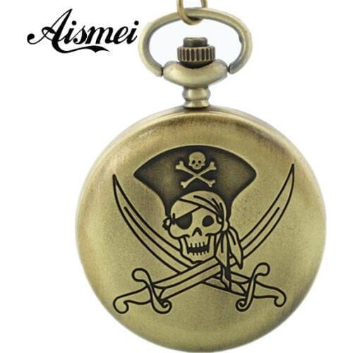 25pcs/lot wholesale Retro Antique Bronze Pirate Skull Quartz Pocket Watch Pendant Necklace Chain Men Boy send by EMS or DHL