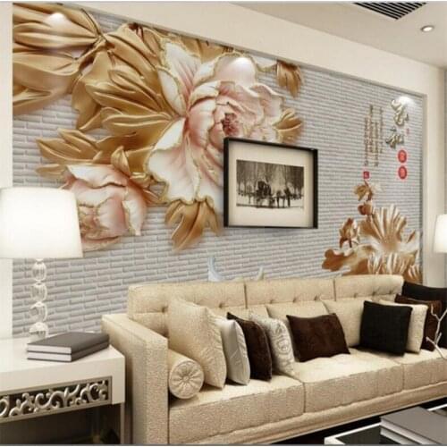 Beibehang 3 d custom wallpaper luxurious sitting furniture decorative wallpaper gold peony lotus 3 d mural wallpaper pictures