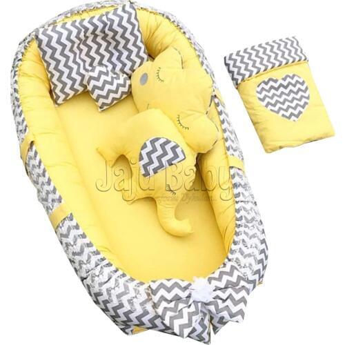 Jaju Baby Nest Gray - Yellow Pattern 6 Piece Babynest Set Baby Bed, Mothers Side