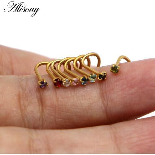 Alisouy 1PCS Stainless Steel Piercings Nose rings Earring Piercing with Tiny round crystal Earrings studs Body Jewelry 0.8mm