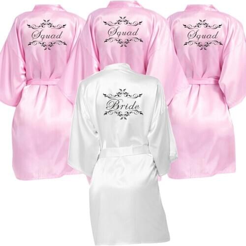 Bridal Party Bride&Bride Squad Robes Satin Pajamas Black White Printing Robe Dressing Pajamas Personalized Robes dressing gown