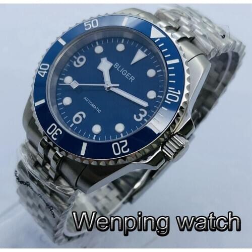 Bliger 40mm Silver Case Sapphire Glass Ceramic Bezel Blue Dial Luminous NH35 Movement Mens Top Automatic Watch Luxury Gift