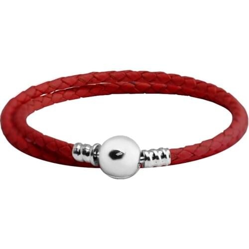 925 Sterling Silver Charm Bracelets Silver Round Clasp Red Double Leather Bracelet for Women DIY Jewelry pulseras Wholesale